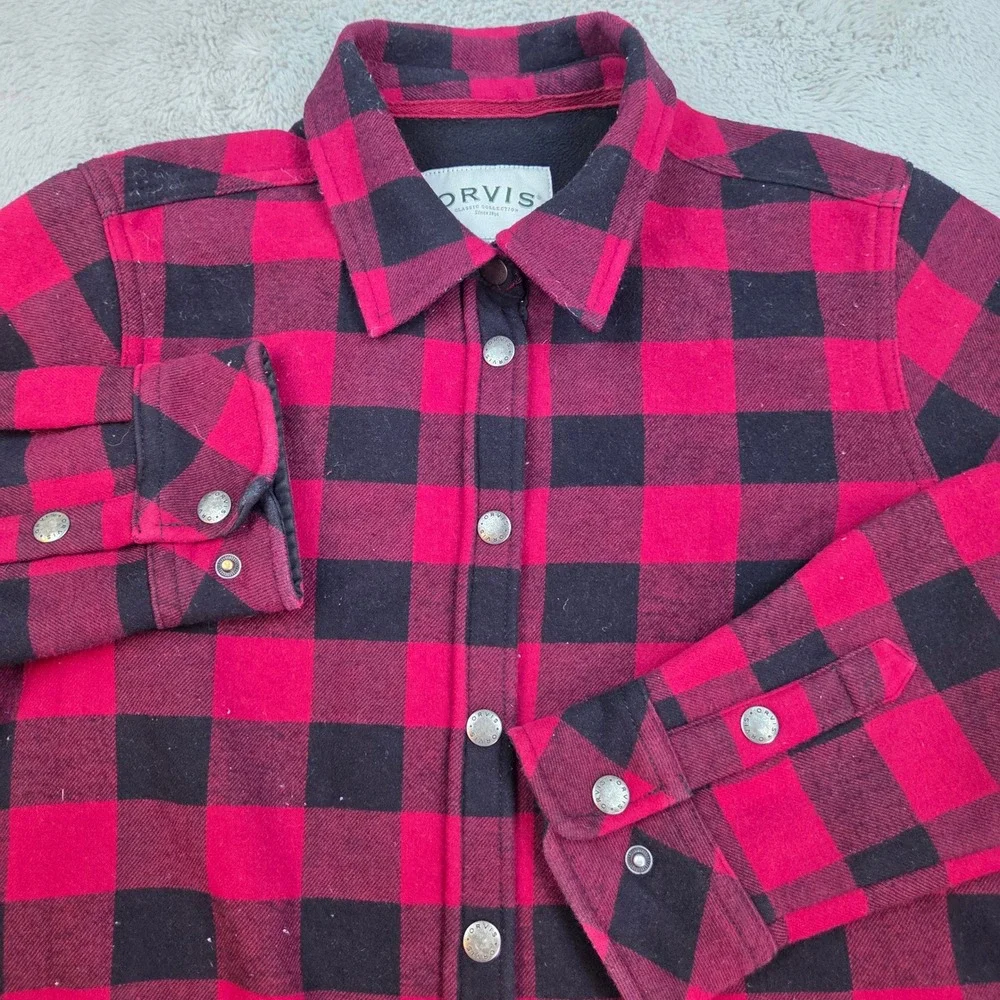 Orvis Buffalo Plaid Fleece Lined Shirt Jacket Womens Sz M Snap Front Red Black
